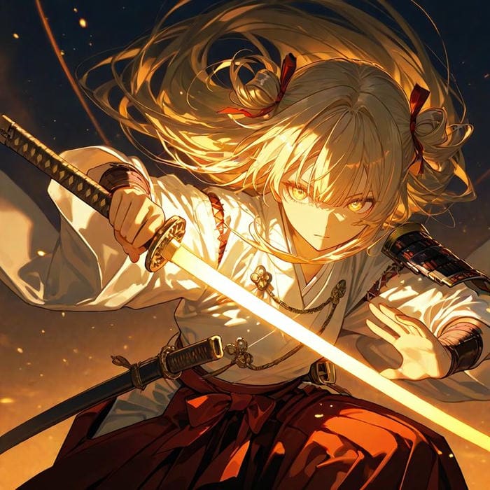 anh anime nu cầm kiếm trang phuc giap nhe